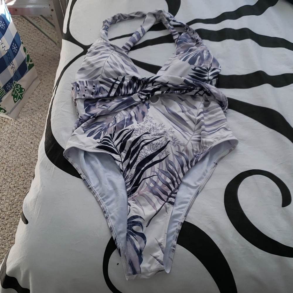 Leaf pattern blue gray and white swimsuit